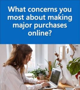 Concerns-About-Major-Online-Purchases a woman working at her computer with the headline what concerns you most about making major purchases online?