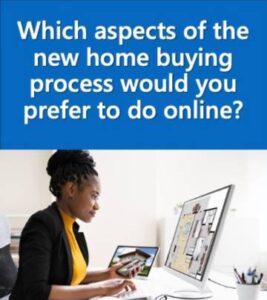 Aspects-Home-Buying-Done-Online Woman at her computer shopping for a home with the headline Which aspects of the new home buying process would you prefer to do online?