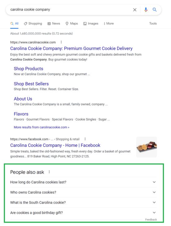 Carolina Cookie Search Results An example of brand-centric search results and PAA