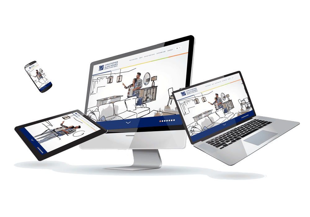 home-builder-website A phone, a tablet, a desktop computer, and a laptop computer all displaying a webpage from the Christopher Alan Homes website